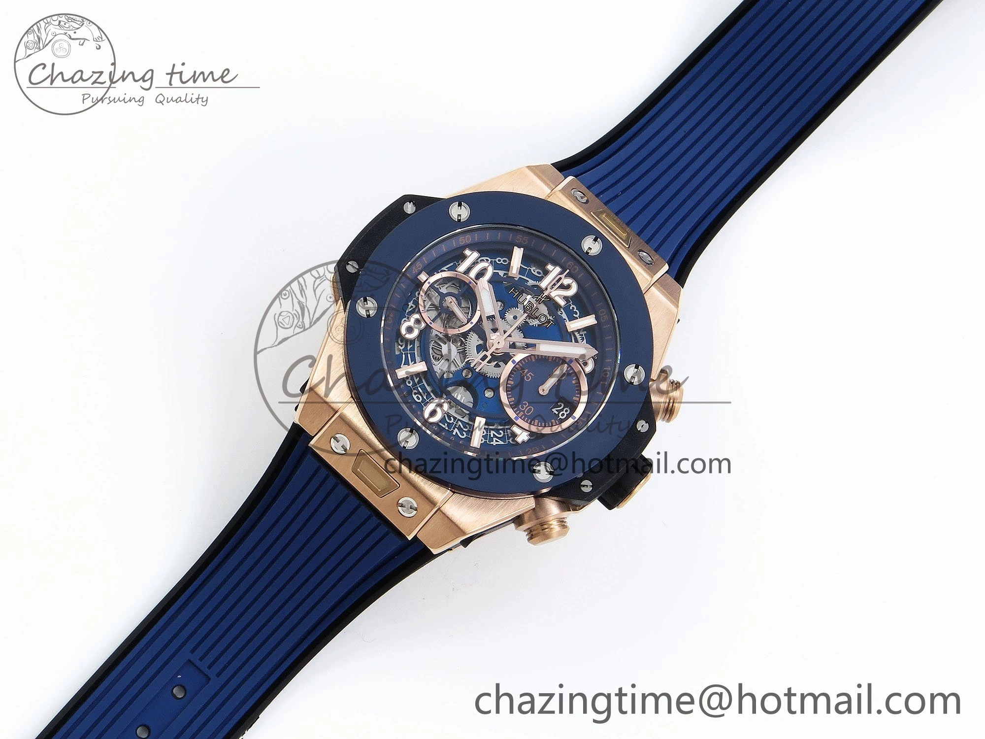 Big Bang Unico 42mm RG BBF 1:1 Best Edition Skeleton Dial Blue Ceramic Bezel on Blue Rubber Strap A1280 V2