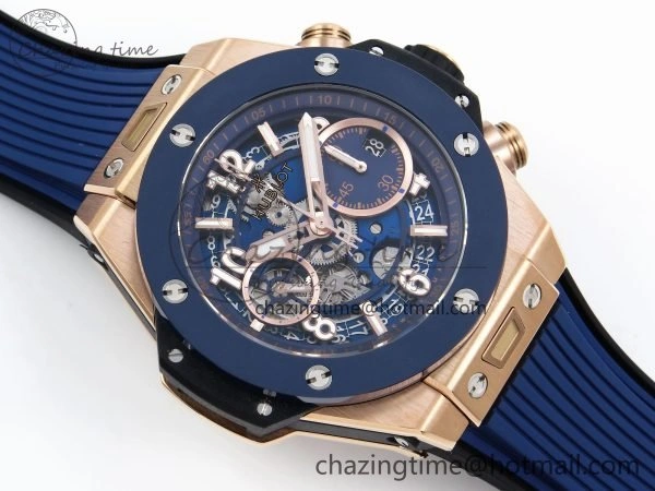 Big Bang Unico 42mm RG BBF 1:1 Best Edition Skeleton Dial Blue Ceramic Bezel on Blue Rubber Strap A1280 V2