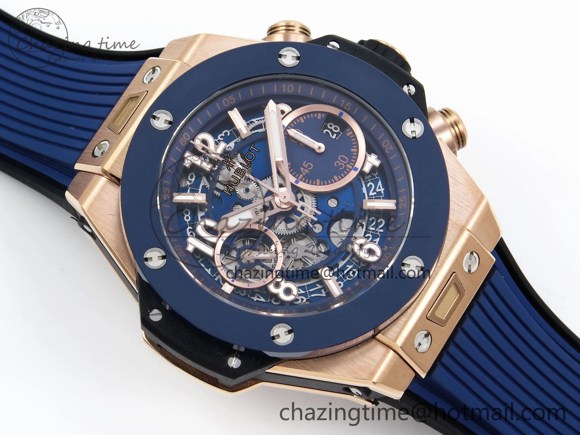 Big Bang Unico 42mm RG BBF 1:1 Best Edition Skeleton Dial Blue Ceramic Bezel on Blue Rubber Strap A1280 V2