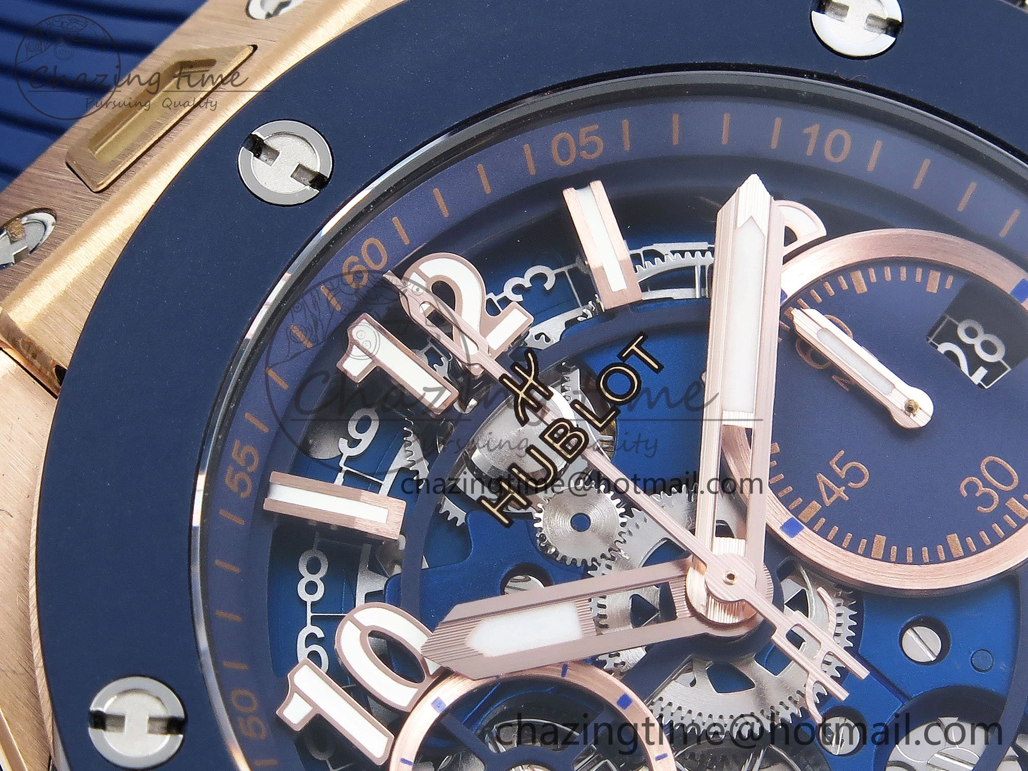 Big Bang Unico 42mm RG BBF 1:1 Best Edition Skeleton Dial Blue Ceramic Bezel on Blue Rubber Strap A1280 V2
