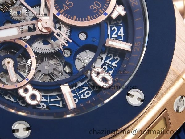 Big Bang Unico 42mm RG BBF 1:1 Best Edition Skeleton Dial Blue Ceramic Bezel on Blue Rubber Strap A1280 V2