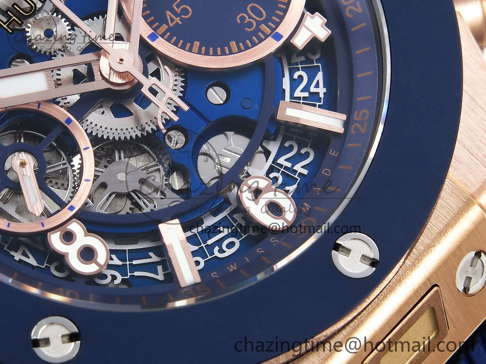 Big Bang Unico 42mm RG BBF 1:1 Best Edition Skeleton Dial Blue Ceramic Bezel on Blue Rubber Strap A1280 V2