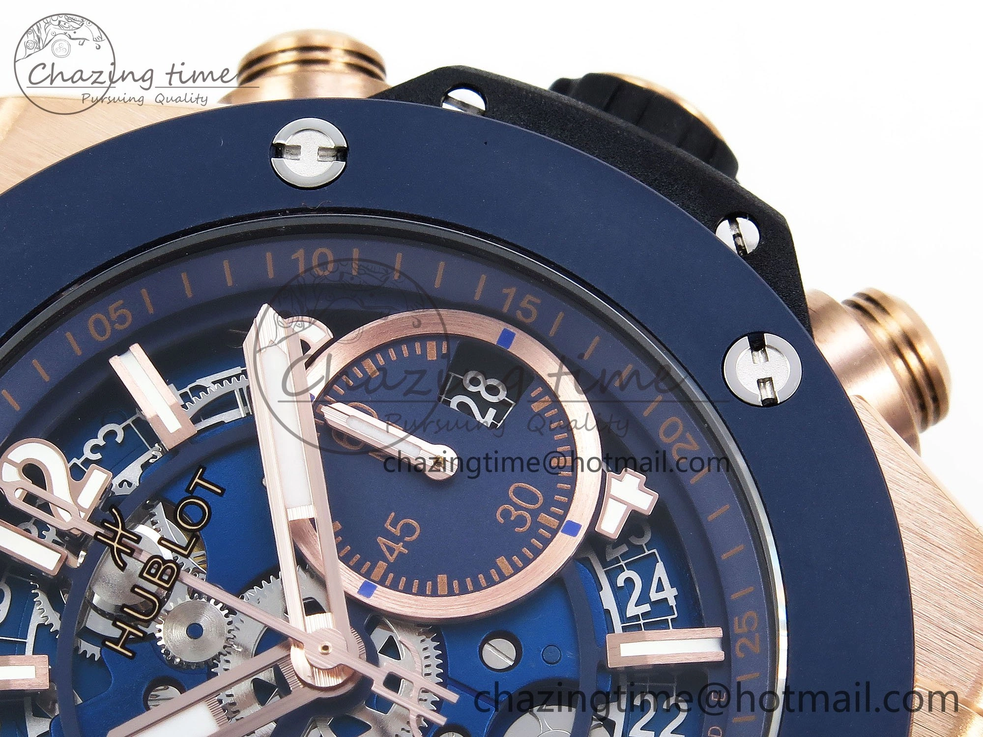 Big Bang Unico 42mm RG BBF 1:1 Best Edition Skeleton Dial Blue Ceramic Bezel on Blue Rubber Strap A1280 V2