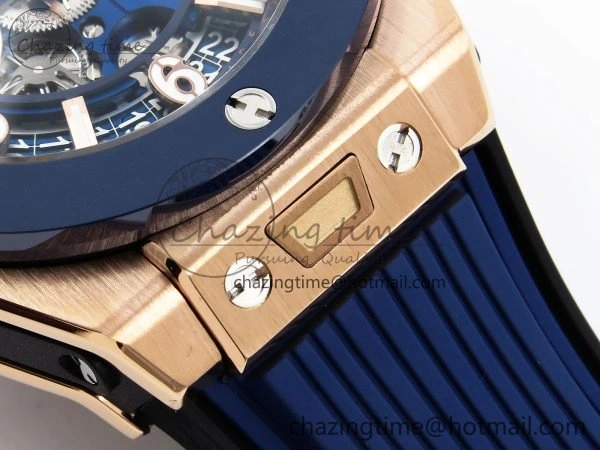 Big Bang Unico 42mm RG BBF 1:1 Best Edition Skeleton Dial Blue Ceramic Bezel on Blue Rubber Strap A1280 V2