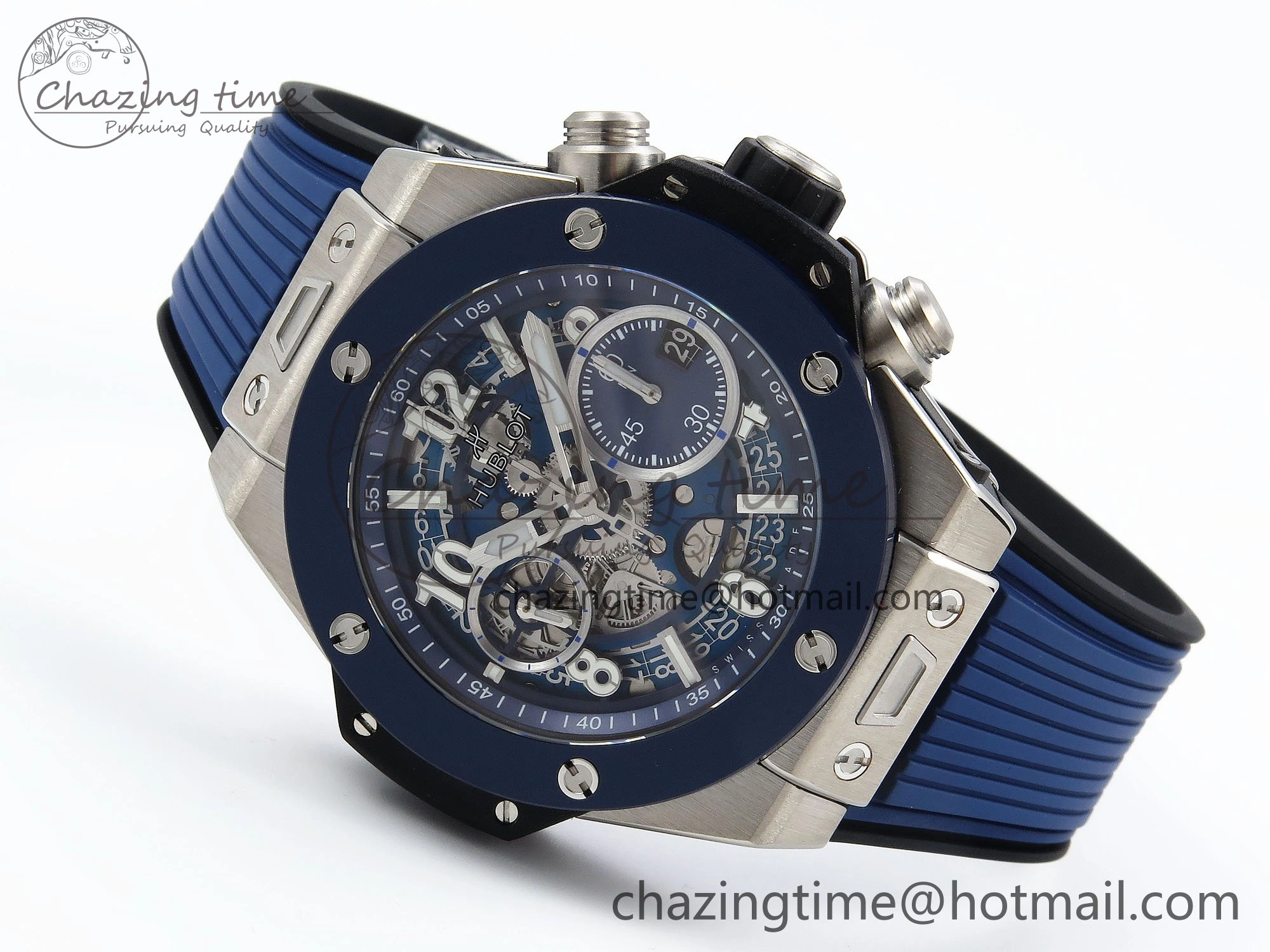 Big Bang Unico 42mm SS BBF 1:1 Best Edition Skeleton Dial Blue Ceramic Bezel on Blue Rubber Strap A1280 V2