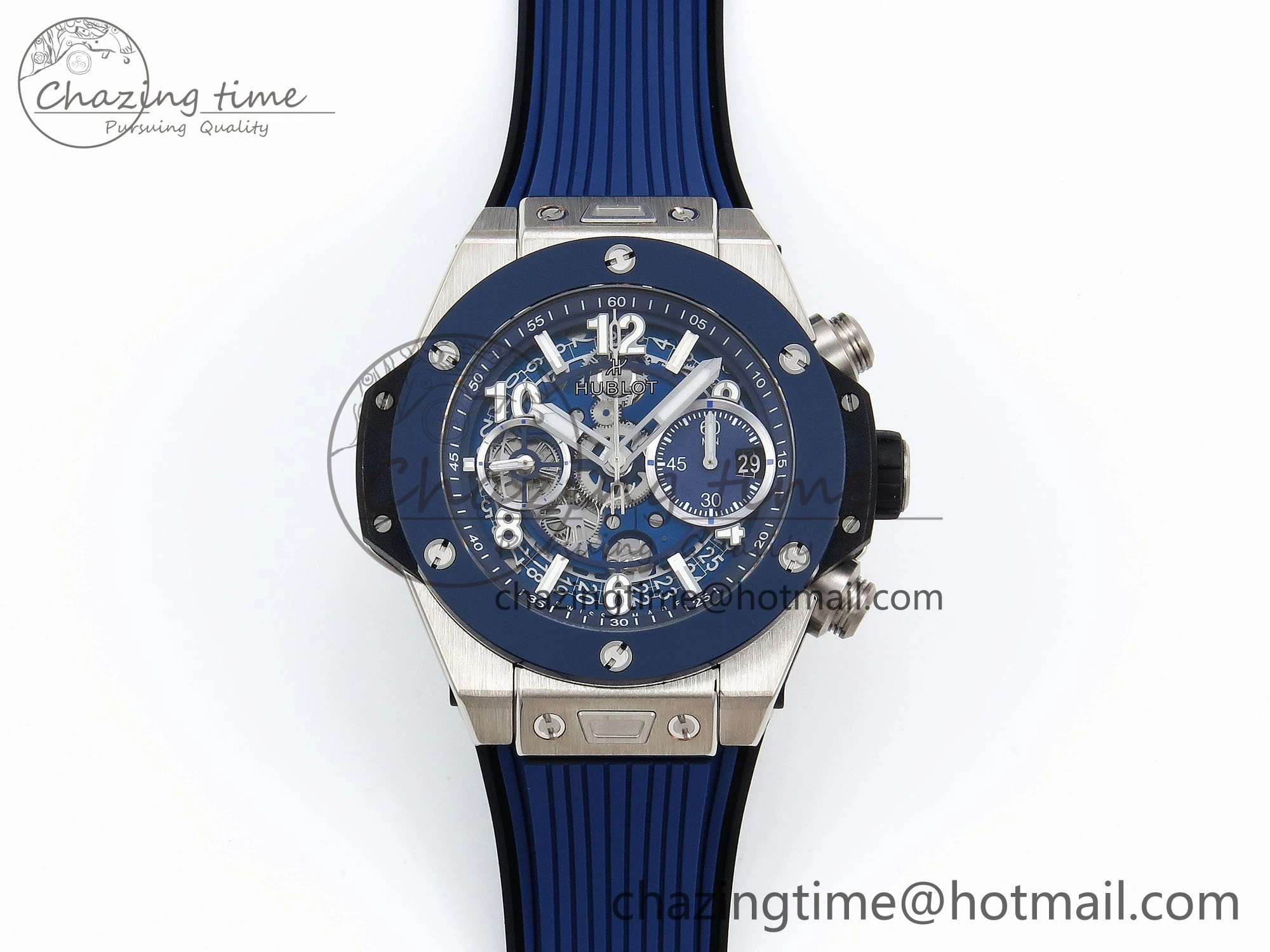 Big Bang Unico 42mm SS BBF 1:1 Best Edition Skeleton Dial Blue Ceramic Bezel on Blue Rubber Strap A1280 V2