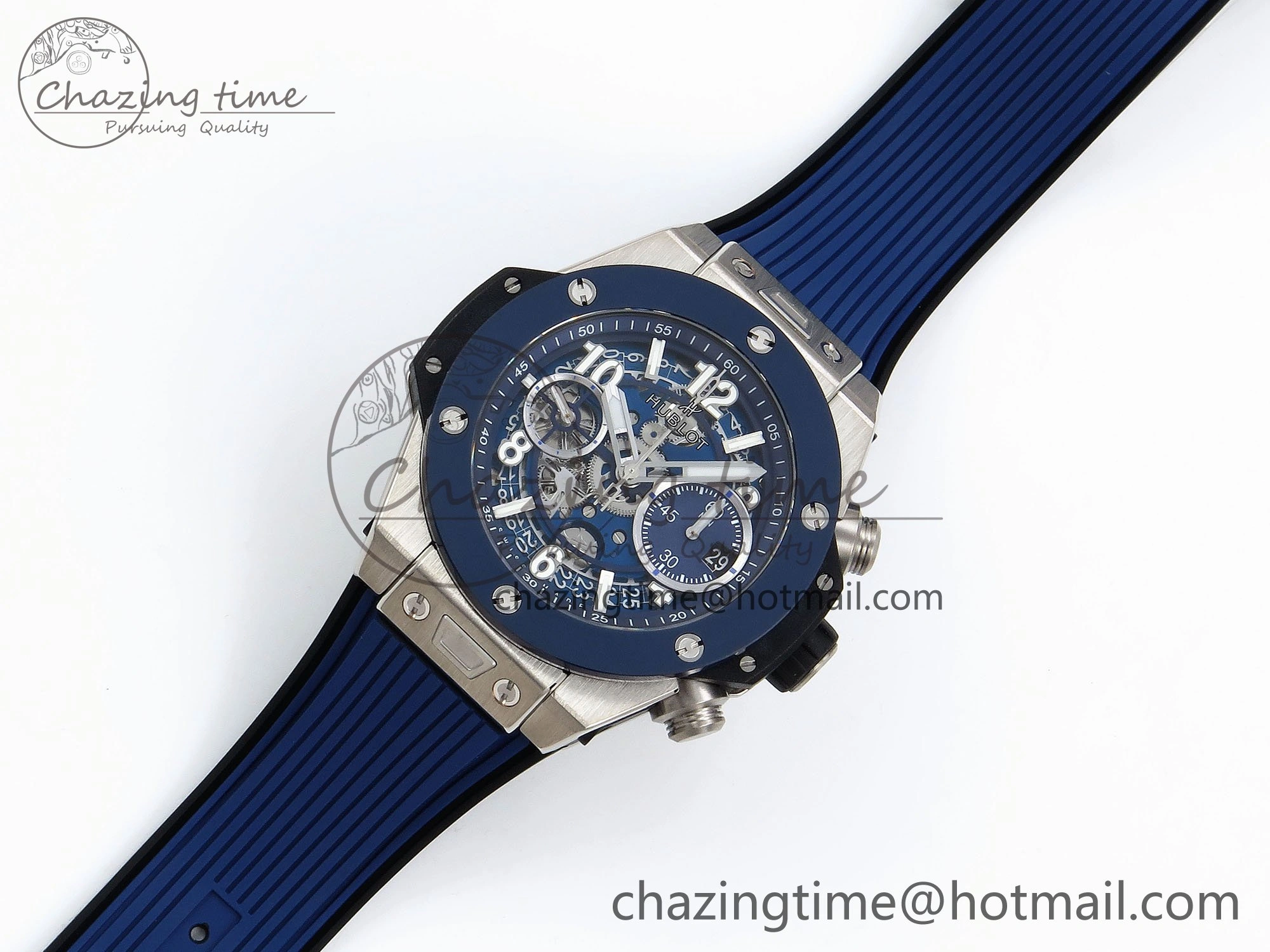 Big Bang Unico 42mm SS BBF 1:1 Best Edition Skeleton Dial Blue Ceramic Bezel on Blue Rubber Strap A1280 V2