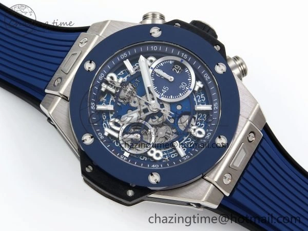 Big Bang Unico 42mm SS BBF 1:1 Best Edition Skeleton Dial Blue Ceramic Bezel on Blue Rubber Strap A1280 V2