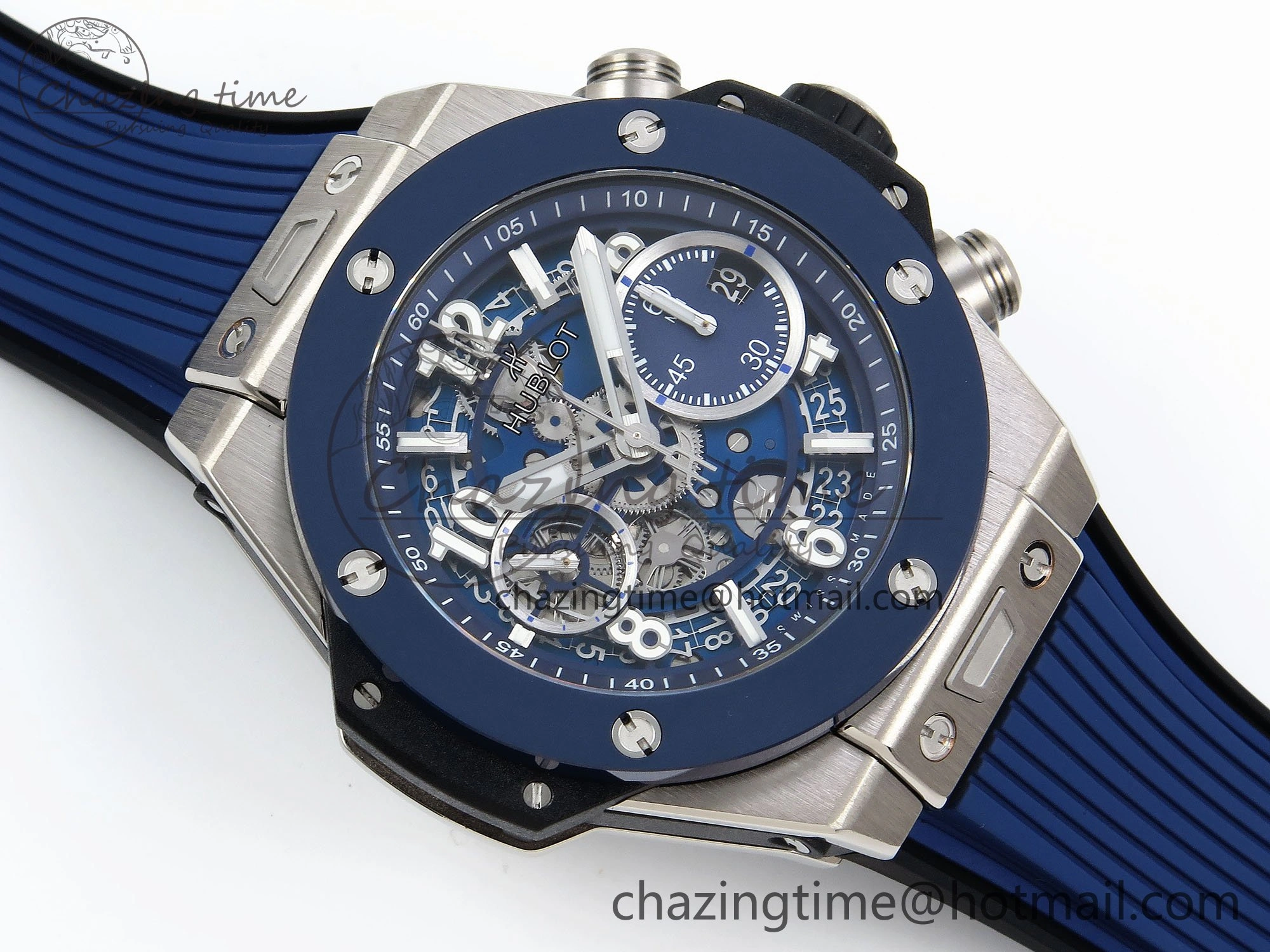 Big Bang Unico 42mm SS BBF 1:1 Best Edition Skeleton Dial Blue Ceramic Bezel on Blue Rubber Strap A1280 V2