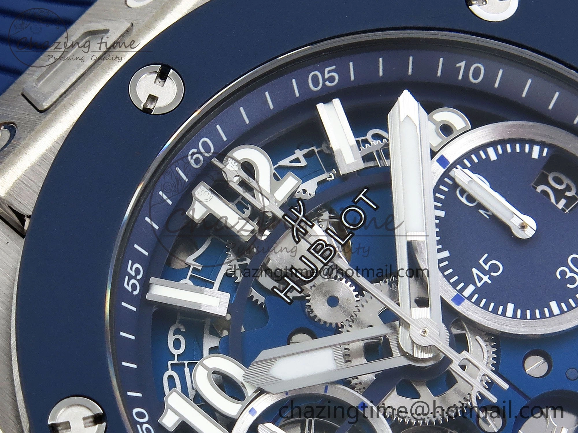 Big Bang Unico 42mm SS BBF 1:1 Best Edition Skeleton Dial Blue Ceramic Bezel on Blue Rubber Strap A1280 V2