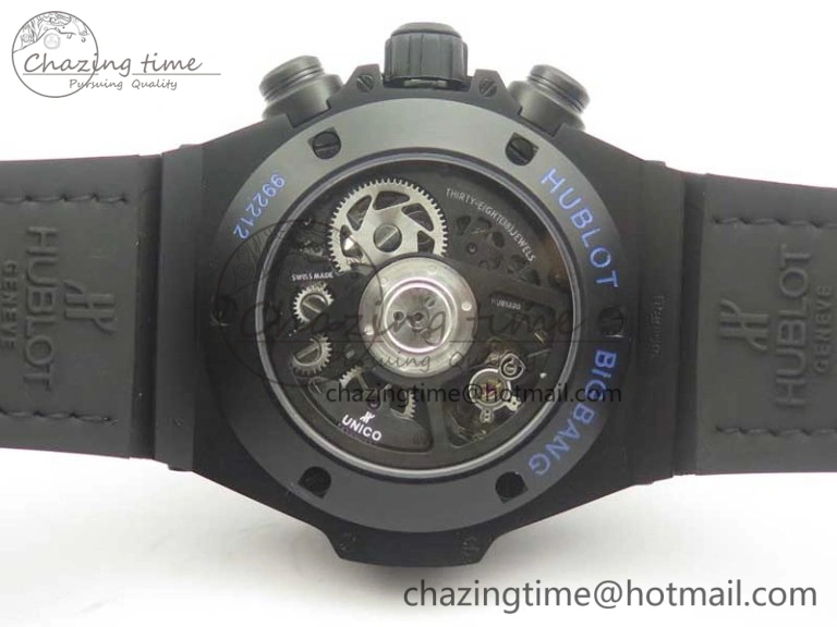 Big Bang Unico 45.5mm DLC 3AF Best Edition Blue Skeleton Dial On Blue Gummy Strap A7750