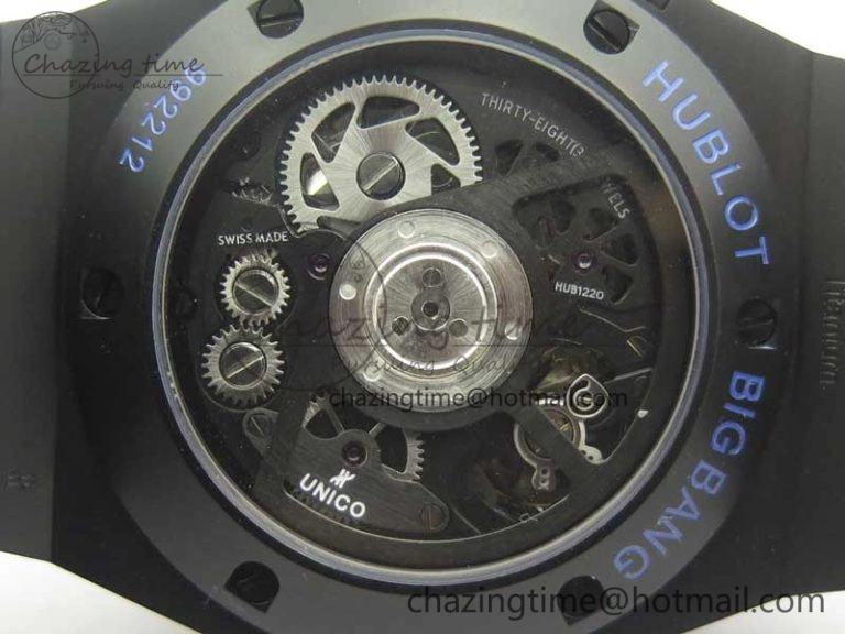 Big Bang Unico 45.5mm DLC 3AF Best Edition Blue Skeleton Dial On Blue Gummy Strap A7750
