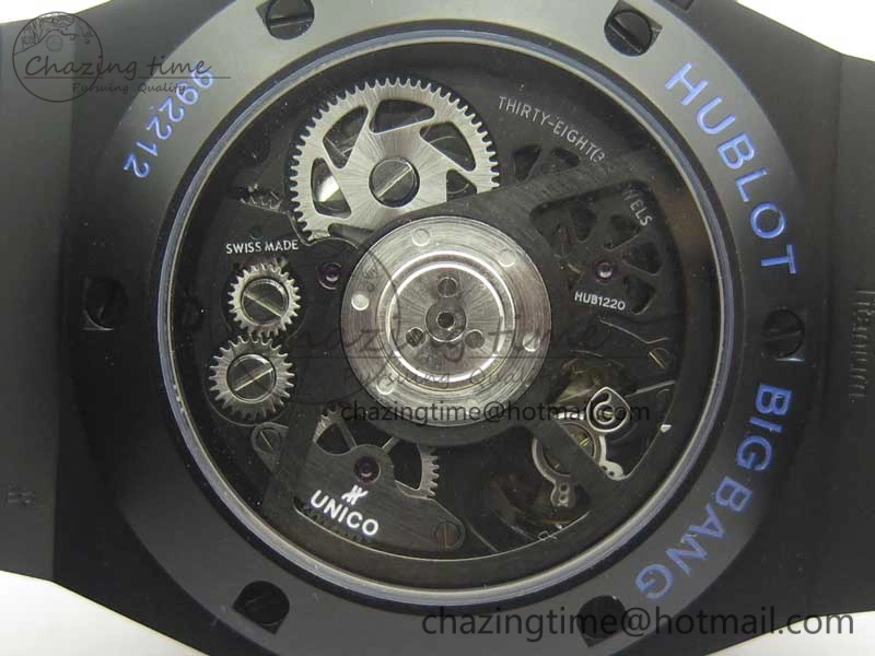 Big Bang Unico 45.5mm DLC 3AF Best Edition Blue Skeleton Dial On Blue Gummy Strap A7750