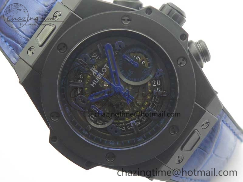 Big Bang Unico 45.5mm DLC 3AF Best Edition Blue Skeleton Dial On Blue Gummy Strap A7750