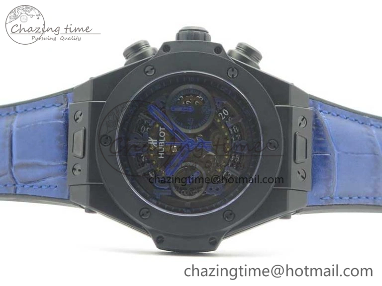 Big Bang Unico 45.5mm DLC 3AF Best Edition Blue Skeleton Dial On Blue Gummy Strap A7750