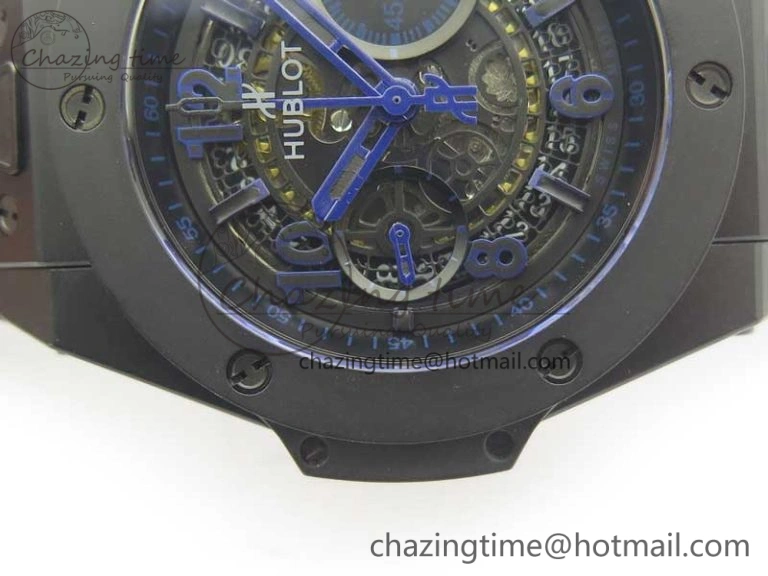 Big Bang Unico 45.5mm DLC 3AF Best Edition Blue Skeleton Dial On Blue Gummy Strap A7750