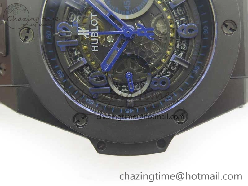 Big Bang Unico 45.5mm DLC 3AF Best Edition Blue Skeleton Dial On Blue Gummy Strap A7750