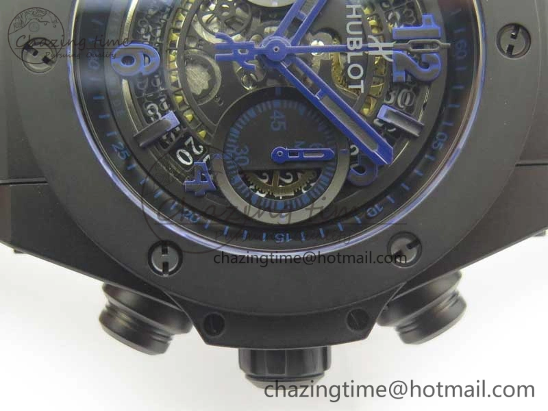Big Bang Unico 45.5mm DLC 3AF Best Edition Blue Skeleton Dial On Blue Gummy Strap A7750