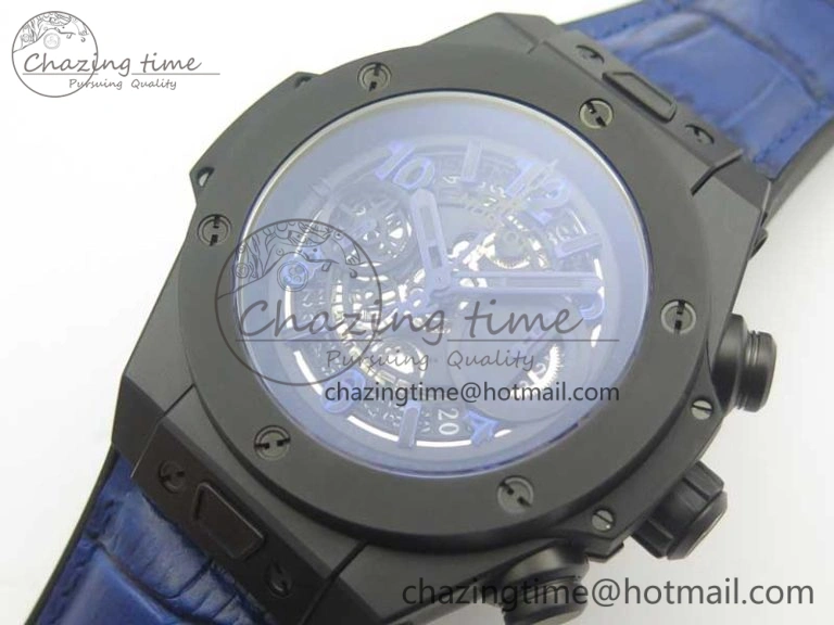 Big Bang Unico 45.5mm DLC 3AF Best Edition Blue Skeleton Dial On Blue Gummy Strap A7750