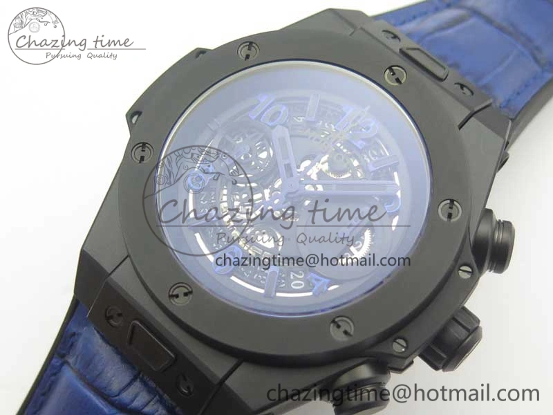 Big Bang Unico 45.5mm DLC 3AF Best Edition Blue Skeleton Dial On Blue Gummy Strap A7750
