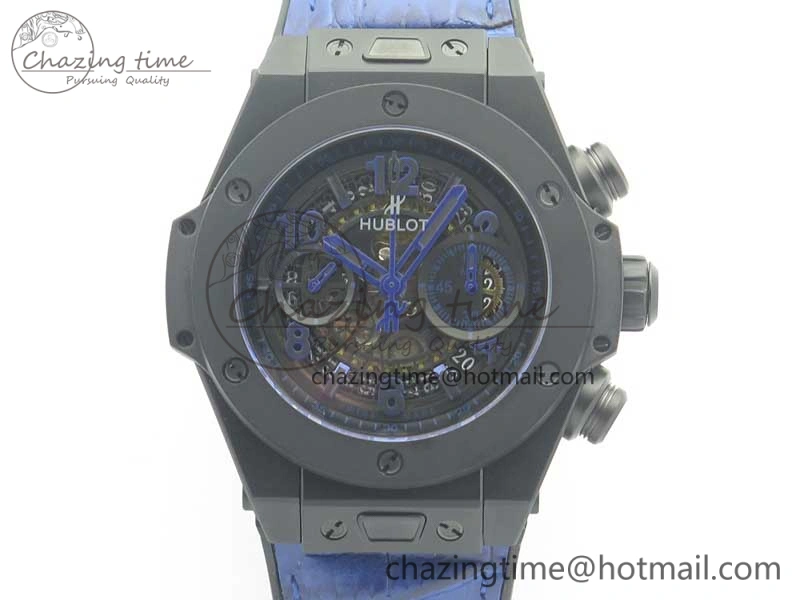 Big Bang Unico 45.5mm DLC 3AF Best Edition Blue Skeleton Dial On Blue Gummy Strap A7750