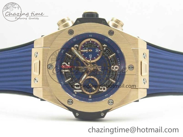Big Bang Unico 45.5mm RG 3AF Best Edition Blue Skeleton Dial On Blue Rubber Strap A7750