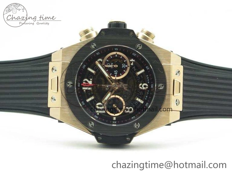 Big Bang Unico 45mm RG 3AF Best Edition Black Dial Ceramic Bezel On Rubber Strap A7750