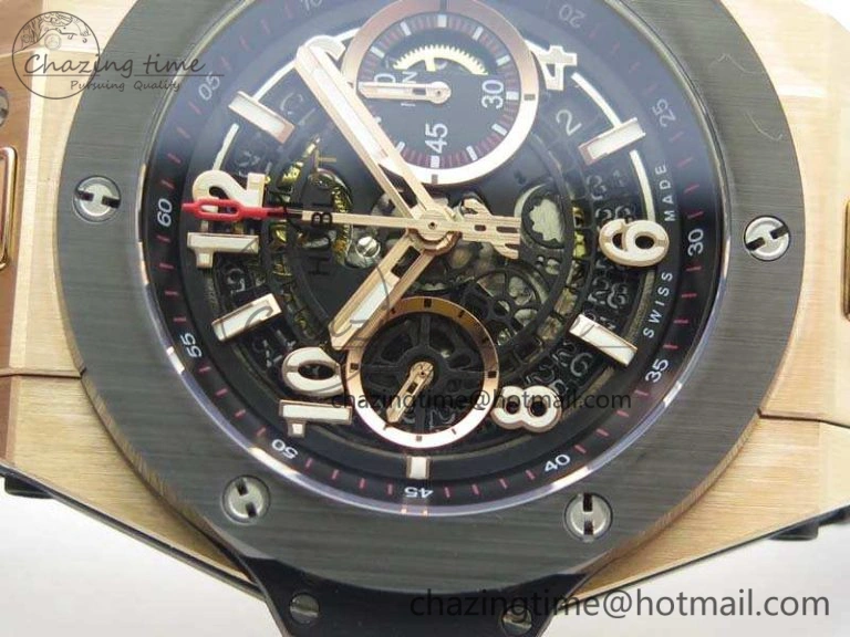 Big Bang Unico 45mm RG 3AF Best Edition Black Dial Ceramic Bezel On Rubber Strap A7750