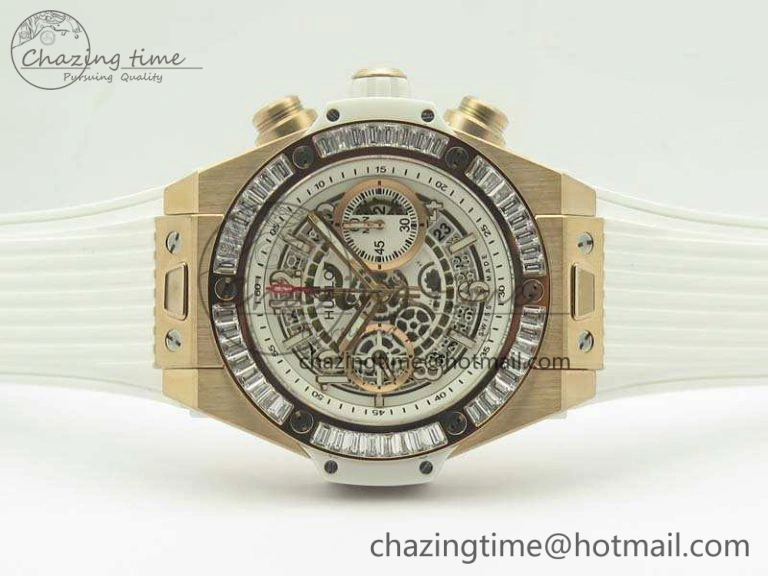 Big Bang Unico 45mm RG 3AF Best Edition White Dial Crystal Bezel On Rubber Strap A7750