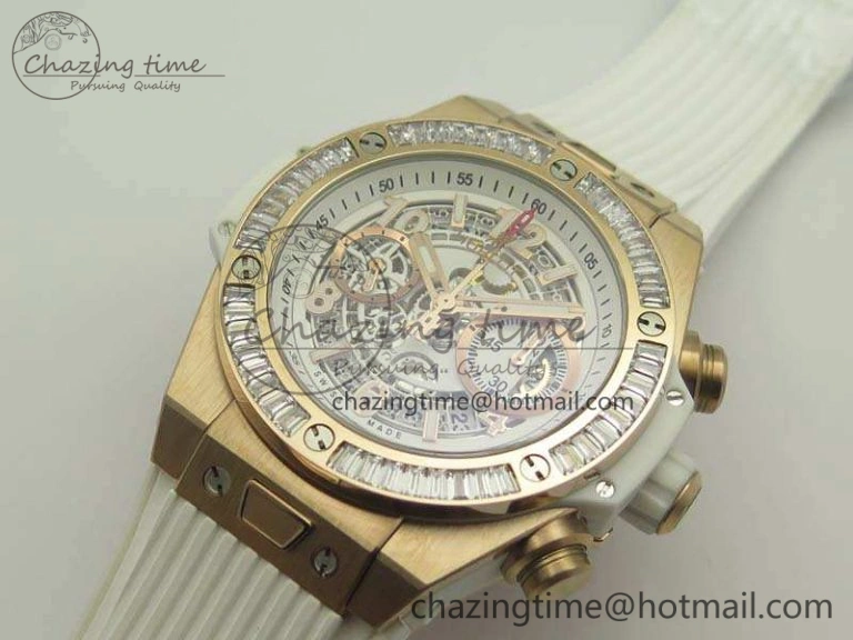 Big Bang Unico 45mm RG 3AF Best Edition White Dial Crystal Bezel On Rubber Strap A7750