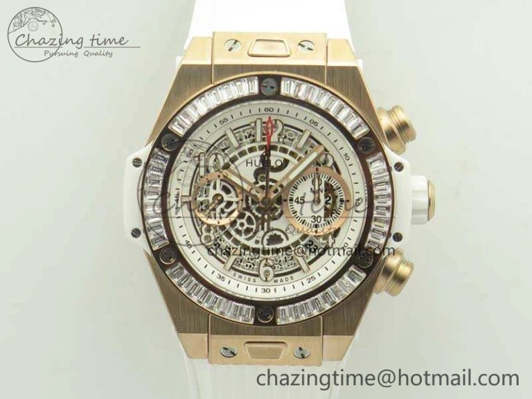 Big Bang Unico 45mm RG 3AF Best Edition White Dial Crystal Bezel On Rubber Strap A7750