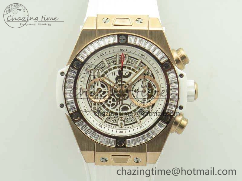 Big Bang Unico 45mm RG 3AF Best Edition White Dial Crystal Bezel On Rubber Strap A7750