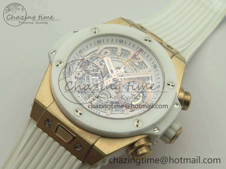 Big Bang Unico 45mm RG 3AF Best Edition White RG Dial Ceramic Bezel On Rubber Strap A7750