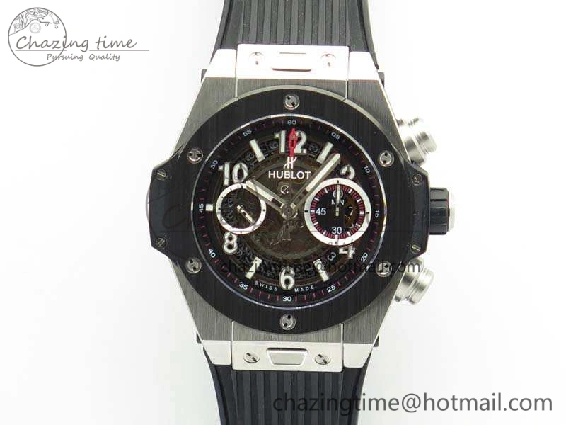 Big Bang Unico 45mm SS 3AF Best Edition Black Dial Ceramic Bezel On Rubber Strap A7750