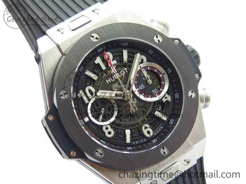 Big Bang Unico 45mm SS 3AF Best Edition Black Dial Ceramic Bezel On Rubber Strap A7750