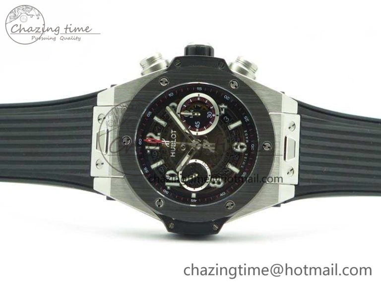 Big Bang Unico 45mm SS 3AF Best Edition Black Dial Ceramic Bezel On Rubber Strap A7750