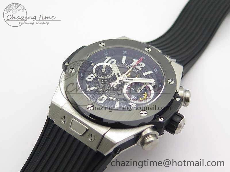 Big Bang Unico 45mm SS 3AF Best Edition Black Dial Ceramic Bezel On Rubber Strap A7750