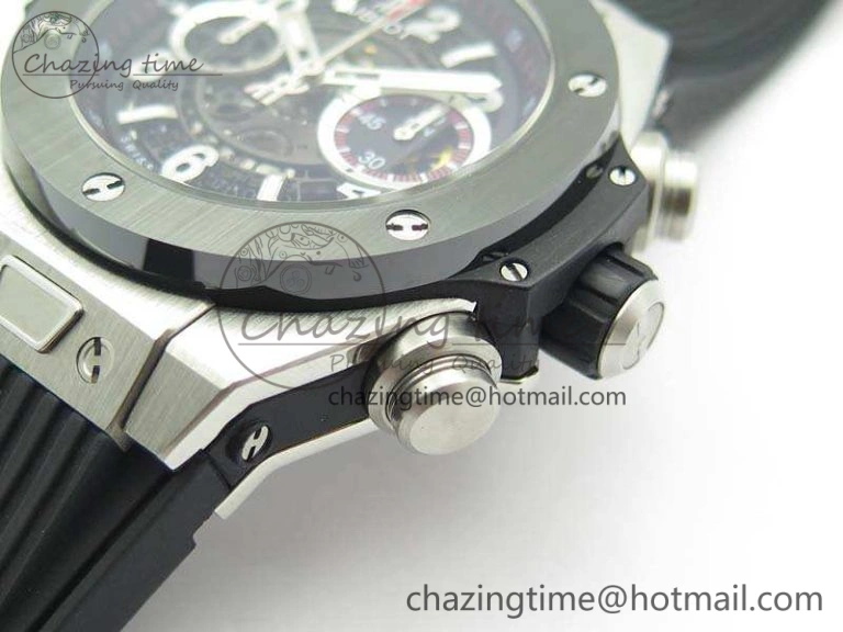 Big Bang Unico 45mm SS 3AF Best Edition Black Dial Ceramic Bezel On Rubber Strap A7750