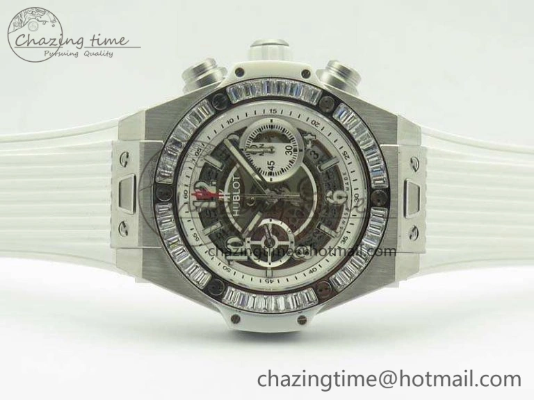 Big Bang Unico 45mm SS 3AF Best Edition White Dial Crystal Bezel On Rubber Strap A7750