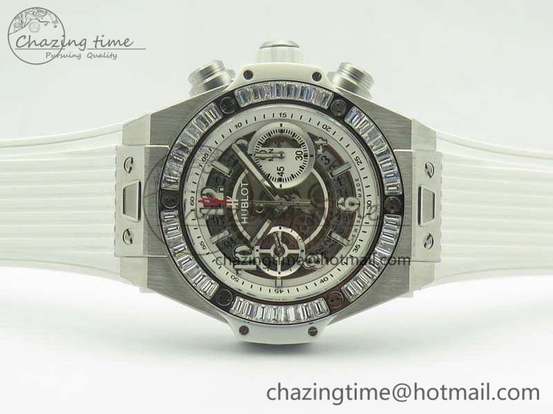 Big Bang Unico 45mm SS 3AF Best Edition White Dial Crystal Bezel On Rubber Strap A7750