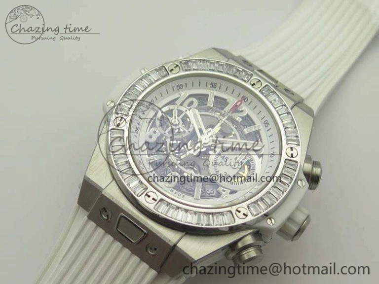 Big Bang Unico 45mm SS 3AF Best Edition White Dial Crystal Bezel On Rubber Strap A7750