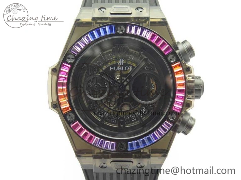 Big Bang Unico Black Magic Sapphire 45mm OXF Best Edition Rainbow Crystal Bezel Black Dial on Black Rubber Strap A1242