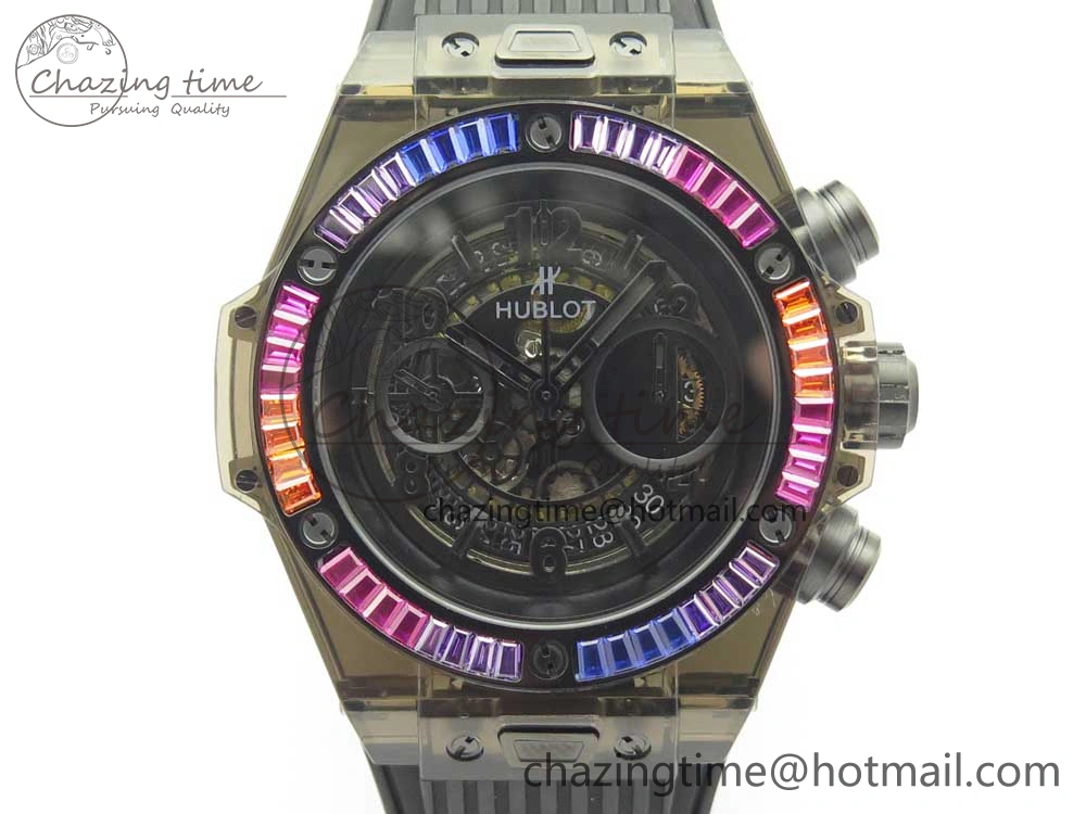 Big Bang Unico Black Magic Sapphire 45mm OXF Best Edition Rainbow Crystal Bezel Black Dial on Black Rubber Strap A1242