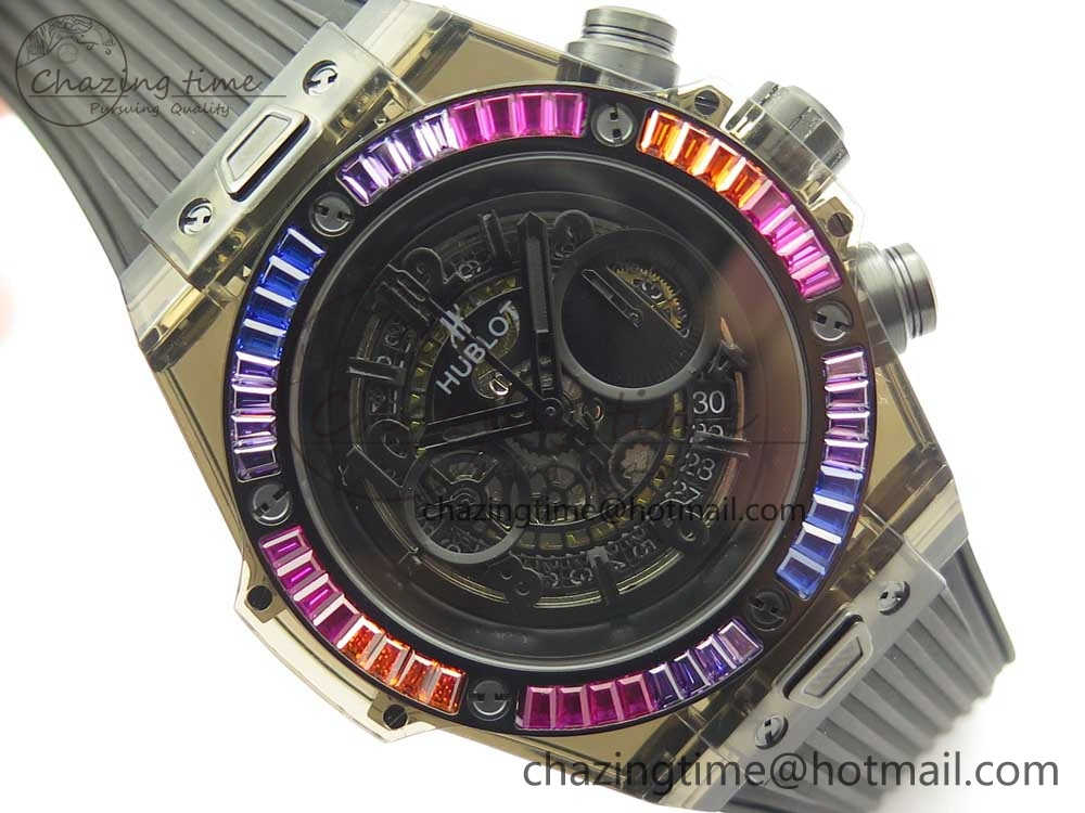 Big Bang Unico Black Magic Sapphire 45mm OXF Best Edition Rainbow Crystal Bezel Black Dial on Black Rubber Strap A1242