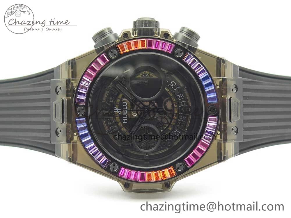 Big Bang Unico Black Magic Sapphire 45mm OXF Best Edition Rainbow Crystal Bezel Black Dial on Black Rubber Strap A1242
