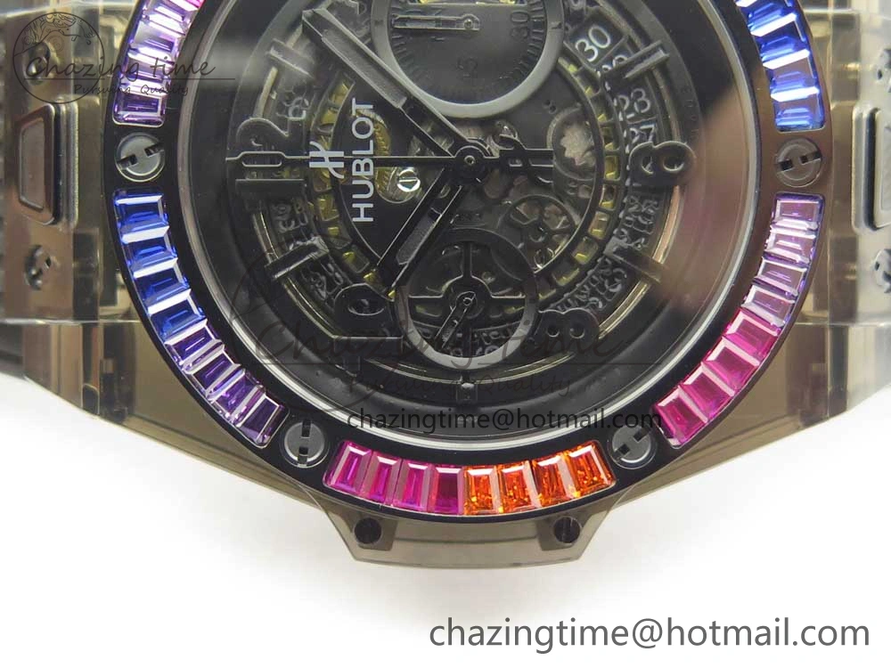 Big Bang Unico Black Magic Sapphire 45mm OXF Best Edition Rainbow Crystal Bezel Black Dial on Black Rubber Strap A1242