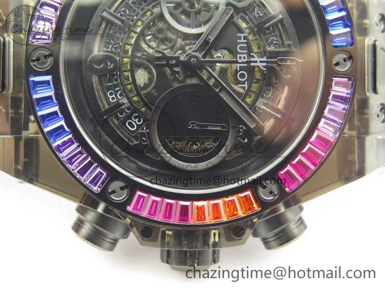 Big Bang Unico Black Magic Sapphire 45mm OXF Best Edition Rainbow Crystal Bezel Black Dial on Black Rubber Strap A1242