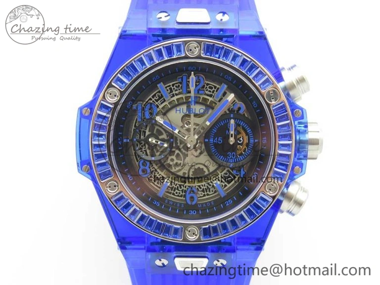 Big Bang Unico Blue Magic Sapphire 45mm OXF Best Edition Crystal Bezel Skeleton Dial on Blue Rubber Strap A1242