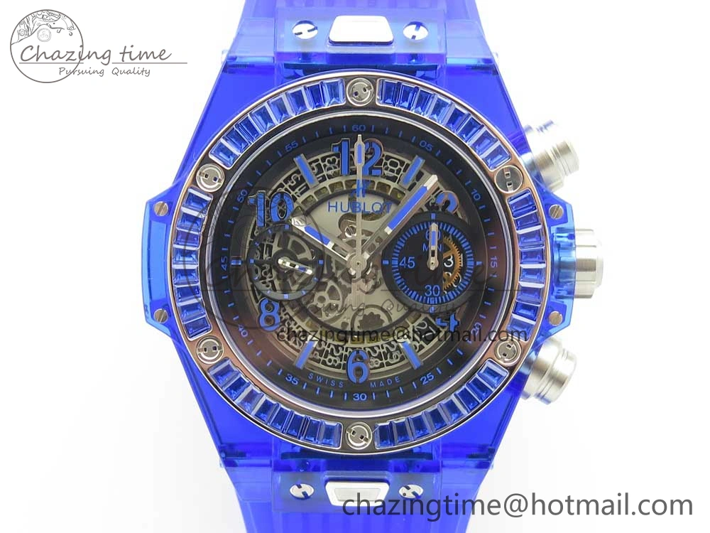 Big Bang Unico Blue Magic Sapphire 45mm OXF Best Edition Crystal Bezel Skeleton Dial on Blue Rubber Strap A1242