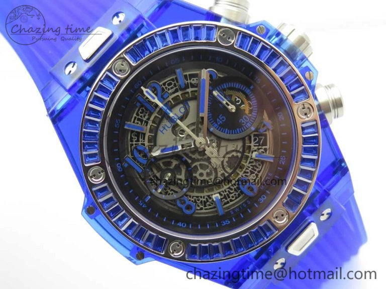 Big Bang Unico Blue Magic Sapphire 45mm OXF Best Edition Crystal Bezel Skeleton Dial on Blue Rubber Strap A1242